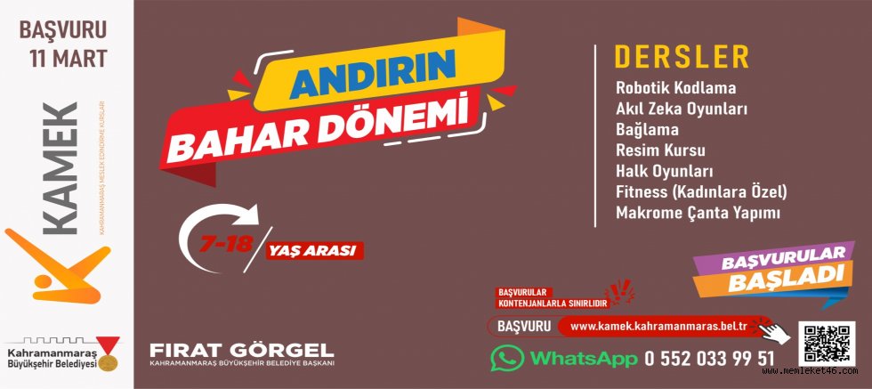 ANDIRIN’DA KAMEK KURSLARINA BAŞVURULAR BAŞLADI 7 BRANŞTA ÜCRETSİZ EĞİTİM