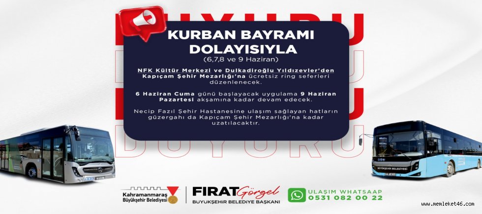 BAYRAMDA NFK KÜLTÜR MERKEZİ VE YILDIZEVLER’DEN KAPIÇAM’A ÜCRETSİZ TOPLU TAŞIMA
