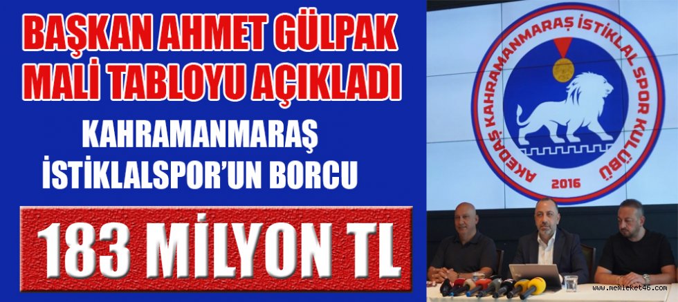 KAHRAMANMARAŞ İSTİKLALSPOR’UN TOPLAM BORCU 183 MİLYON TL