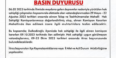 DULKADİROĞLU  İLE İLGİLİ ‘HAK SAHİPLİĞİ’ DUYURUSU 