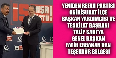 GENEL BAŞKAN ERBAKAN’DAN TALİP SARI’YA TEŞEKKÜR BELGESİ