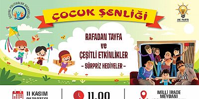 AK Parti Sosyal Politikalar Başkanlığı tarafından 11 Kasım Pazartesi günü Milli İrade Meydanı’nda Çocuk Şenliği düzenlenecek. Saat 11.00’da başlayacak ve birbirinden eğlenceli etkinliklerin yer alacağ