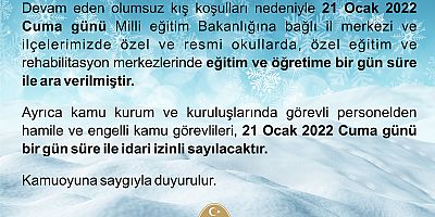 KAHRAMANMARAŞ’TA OKULLAR YARINDA TATİL



Kahramanmaraş’ta etkili olan kar yağışı sonrası